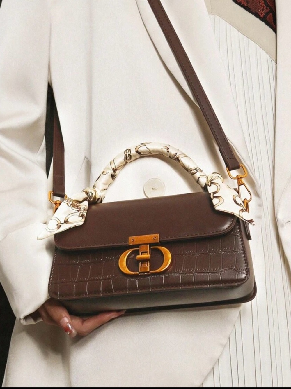 Elegant Brown Leather Top-Handle Crossbody Bag with Gold Hardware